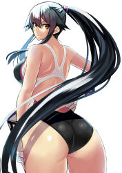 Rule 34 | 10s, 1girl, alternate costume, arm at side, ass, bare shoulders, black hair, breasts, brown eyes, competition swimsuit, from behind, gloves, hair between eyes, hand on own hip, highres, kantai collection, large breasts, light smile, long hair, looking at viewer, looking back, one-piece swimsuit, ponytail, sidelocks, smile, solo, swimsuit, takamura wamu, very long hair, white gloves, yahagi (kancolle)