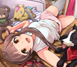 Rule 34 | 1girl, :d, bandana, bandana around neck, bed, bed frame, blunt bangs, border collie, breasts, brown eyes, brown hair, cowlick, curtains, dog, from above, green scarf, grey thighhighs, hair ribbon, hakozaki serika, hanamasa ono, highres, idolmaster, idolmaster million live!, junior (idolmaster), knee up, light blush, lying, on back, on bed, open mouth, pet, pillow, pink shorts, plant, potted plant, red ribbon, red scarf, ribbon, scarf, shirt, shorts, single thighhigh, sleeveless, sleeveless shirt, small breasts, smile, solo, stuffed animal, stuffed toy, teddy bear, thighhighs, tongue, tongue out, twintails, white shirt