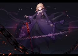 Rule 34 | 1girl, artoria pendragon (fate), blonde hair, braid, dark persona, excalibur (fate/stay night), excalibur morgan (fate), fate/grand order, fate (series), french braid, gothic lolita, highres, lanzi (415460661), lolita fashion, saber (fate), saber alter, solo, sword, weapon, yellow eyes