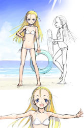 Rule 34 | &gt;:), 00s, 1girl, :d, barefoot, beach, bikini, blonde hair, blue eyes, blush, closed mouth, cloud, collarbone, day, elise von dietrich, fang, fang out, feet, flat chest, groin, hair between eyes, halterneck, holding, innertube, long hair, looking at viewer, lowleg, lowleg bikini, navel, open mouth, outdoors, outstretched arms, partially colored, satou atsuki, side-tie bikini bottom, sideways mouth, sketch, sky, sky girls, smile, spread arms, standing, sunlight, swim ring, swimsuit, v-shaped eyebrows, very long hair, white bikini