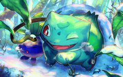 Rule 34 | ;d, breath, bright pupils, bulbasaur, commentary request, creatures (company), day, closed eyes, fangs, game freak, gen 1 pokemon, leaf, nijimaarc, nintendo, no humans, oddish, one eye closed, open mouth, outdoors, plant, pokemon, pokemon (creature), red eyes, smile, snow, tongue, vines, white pupils