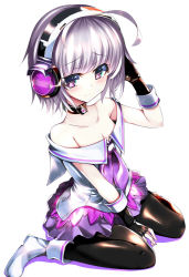 Rule 34 | 1girl, ahoge, ankle boots, bare shoulders, between legs, black choker, black gloves, black pantyhose, boots, choker, closed mouth, collarbone, fingerless gloves, furrowed brow, gloves, hand between legs, hand up, headphones, light purple hair, miniskirt, neckerchief, nia (pop&#039;n music), off shoulder, omochishiki, pantyhose, pop&#039;n music, purple eyes, purple neckerchief, purple skirt, short hair, simple background, sitting, skirt, solo, white background, white footwear