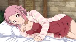 Rule 34 | 1girl, bed sheet, bow, breasts, cardigan, cleavage, collarbone, dress, game cg, grey bow, hair bow, indoors, large breasts, lisbeth (sao), looking at viewer, lying, on side, open cardigan, open clothes, pillow, pink cardigan, pink hair, red dress, red eyes, short dress, short hair, smile, solo, sword art online