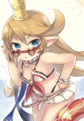 Rule 34 | 1girl, :/, alexiel (summer) (granblue fantasy), bikini, bikini top only, blonde hair, blue eyes, blue ribbon, charlotta (granblue fantasy), closed mouth, color 73, commentary request, crown, detached collar, godsworn alexiel, granblue fantasy, groin, hand on own hip, harvin, heart, leaning forward, long hair, looking at viewer, microskirt, pleated skirt, pointy ears, ribbon, skirt, solo, standing, sun, sunglasses, swimsuit, v-shaped eyebrows, white bikini, white skirt, wrist cuffs