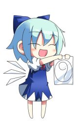 Rule 34 | 1girl, :d, bad id, bad pixiv id, barefoot, chibi, circled 9, cirno, closed eyes, happy, hebereke black, holding, holding paper, open mouth, paper, phantasmagoria of flower view, smile, solo, touhou, wings