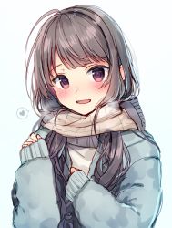 Rule 34 | 1girl, :d, black hair, blue jacket, blush, brown scarf, commentary request, fringe trim, hands up, heart, highres, jacket, long hair, long sleeves, looking at viewer, momoirone, open clothes, open jacket, open mouth, original, red eyes, scarf, simple background, sleeves past wrists, smile, solo, spoken heart, sweater, upper body, very long hair, white background, white sweater