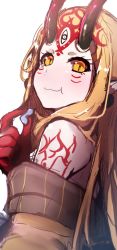 Rule 34 | 1girl, :t, bad id, bad pixiv id, bare shoulders, blonde hair, blush, closed mouth, eating, facial mark, fate/grand order, fate (series), highres, horns, ibaraki douji (fate), japanese clothes, kimono, long hair, looking at viewer, off shoulder, oni, oni horns, pointy ears, sketch, solo, tattoo, very long hair, wada kazu, yellow eyes, yellow kimono