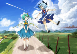 Rule 34 | 2girls, ascot, bad id, bad pixiv id, blue eyes, blue hair, bow, cirno, cloud, daiyousei, day, dress, dress shirt, flying, green eyes, green hair, hair bow, hair ribbon, highres, ice, ice wings, landscape, multiple girls, open mouth, panties, platinum (o0baijin0o), ribbon, shirt, shoes, short hair, short sleeves, side ponytail, sky, smile, socks, touhou, underwear, white panties, wings