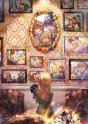 Rule 34 | age progression, bench, birthday, blonde hair, blue eyes, blue flower, blue rose, bridal veil, christon-clivef, commentary, couch, doll, drawing (object), dress, fire, flower, food, formal, from behind, garry (ib), graduation, highres, hug, ib (ib), ib (kouri), light, long hair, macaron, mary (ib), newspaper, one eye closed, red flower, red rose, rose, school uniform, sitting, smile, spoilers, suit, vase, veil, wall, wedding, wedding dress, yellow flower, yellow rose
