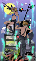Rule 34 | 1boy, 1girl, baggy shorts, bikini, bikini top only, bikini under clothes, bird, blonde hair, blue eyes, book, boots, bow, brother and sister, english text, engrish text, flat chest, glasses, glowing, grin, gun, hair bow, head wings, highres, kagamine len, kagamine rin, m1 bazooka, moon, nocho, noroi no megane (vocaloid), puffy shorts, ranguage, rocket launcher, short hair, shorts, siblings, smile, swimsuit, television, topless, traffic light, treasure chest, twins, vase, vocaloid, weapon, wings