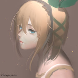 Rule 34 | 1girl, blonde hair, blue eyes, brown background, edna (tales), expressionless, eyelashes, hair ribbon, hairband, lips, portrait, ribbon, short hair, side ponytail, simple background, solo, tales of (series), tales of zestiria, tress ribbon, twitter username, upper body, yukisaki mayui
