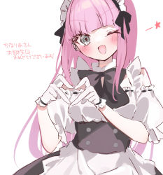 Rule 34 | 1girl, apron, black bow, blunt bangs, blush, bow, buttons, detached sleeves, double-breasted, frilled gloves, frills, gloves, grey eyes, happy birthday, heart, heart hands, hime cut, hinamori (18ar0), long hair, looking at viewer, maid, maid apron, maid headdress, one eye closed, open mouth, original, pink hair, simple background, sketch, smile, solo, star (symbol), upper body, white background, white gloves