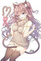 Rule 34 | 10s, 1girl, ahoge, aile (crossroads), animal ear legwear, animal ears, aran sweater, backless dress, backless outfit, bare arms, bare shoulders, bell, black thighhighs, blue eyes, blush, bow, breasts, brown hair, cable knit, cat ear legwear, cat ears, cat tail, drawstring, dress, fang, halterneck, heart, heart tail, ichinose shiki, idolmaster, idolmaster cinderella girls, idolmaster cinderella girls starlight stage, jingle bell, kemono friends, kemonomimi mode, large breasts, long hair, looking at viewer, meme attire, naked sweater, sideboob, simple background, sketch, sleeveless, sleeveless turtleneck, smile, solo, sweater, sweater dress, tail, tail bell, tail bow, tail ornament, thighhighs, turtleneck, turtleneck sweater, virgin killer sweater, white background