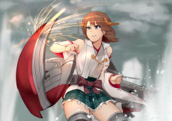 Rule 34 | 1girl, boots, brown hair, cannon, cowboy shot, detached sleeves, flipped hair, frilled skirt, frills, green skirt, hairband, headgear, hiei (kancolle), hiei kai ni (kancolle), japanese clothes, kantai collection, nikku (nzaf5832), nontraditional miko, plaid, plaid skirt, ribbon-trimmed sleeves, ribbon trim, rigging, short hair, skirt, solo, thigh boots, thighhighs, turret