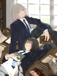 Rule 34 | 1boy, alternate costume, black hair, black jacket, blue necktie, book, book stack, bookshelf, closed mouth, collared shirt, diagonal-striped clothes, diagonal-striped necktie, dual persona, eyelashes, fate/grand order, fate (series), frown, grey footwear, grey hair, grey pants, grin, highres, holding, holding book, indoors, jacket, looking at viewer, lying, male focus, necktie, oberon (fate), oberon (third ascension) (fate), on back, pants, plaid, plaid pants, romo827, school uniform, shirt, sitting, smile, striped clothes, white shirt, window