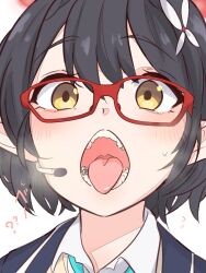 Rule 34 | 1girl, ?, ??, ayane (blue archive), black hair, blue archive, blush, hair between eyes, highres, microphone, open mouth, parallel fleet, pointy ears, red-framed eyewear, short hair, simple background, teeth, tongue, tongue out, white background, yellow eyes