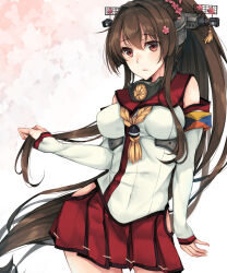 Rule 34 | 10s, 1girl, bare shoulders, breasts, brown eyes, brown hair, cherry blossoms, detached sleeves, fingernails, headgear, highres, hip vent, holding, holding own hair, kantai collection, long hair, looking at viewer, medium breasts, petals, pleated skirt, ponytail, radar hair ornament, red skirt, rinarisa, skirt, sleeves past wrists, solo, very long hair, yamato (kancolle), zulu (naval flag)
