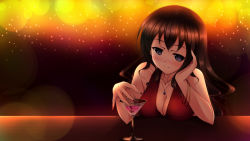 Rule 34 | 1girl, blurry, blush, bokeh, breast rest, breasts, brown hair, cherry, head rest, cleavage, cocktail glass, cup, depth of field, dress, drinking glass, food, fruit, highres, jewelry, jk-ff, large breasts, light particles, long hair, nail polish, necklace, original, purple eyes, red dress, red nails, solo, upper body