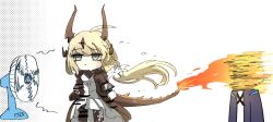 Rule 34 | 1girl, 1other, arknights, blonde hair, brown pantyhose, burning, chibi, doctor (arknights), dragon horns, dragon tail, dress, electric fan, flame-tipped tail, flower, girlsmell particles (meme), green eyes, hair flower, hair ornament, highres, hood, hooded coat, horns, long hair, pantyhose, reed (arknights), reed the flame shadow (arknights), sweat, tail, white dress, who 808, wind