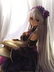 Rule 34 | 1girl, aqua eyes, bare shoulders, bonnet, book, breasts, brown gloves, curtains, dress, gloves, highres, jpeg artifacts, large breasts, long hair, long sleeves, looking at viewer, odette (sennen sensou aigis), open book, purple dress, sennen sensou aigis, silver hair, sitting, smile, solo, very long hair, wide sleeves, yaman (yamanta lov)