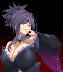 Rule 34 | 1girl, bare shoulders, black kimono, breasts, cutout above navel, dark persona, fate/grand order, fate (series), frilled kimono, frills, gradient background, hair ornament, highres, huge breasts, japanese clothes, jewelry, kimono, kloah, magatama, magatama necklace, miyamoto musashi (fate), miyamoto musashi (third ascension) (fate), necklace, purple eyes, purple hair, red background, short ponytail, solo, upper body