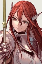Rule 34 | 1girl, armor, closed mouth, cordelia (fire emblem), fire emblem, fire emblem awakening, full armor, gauntlets, grey background, hair between eyes, holding, holding spear, holding weapon, hungry clicker, long hair, nintendo, polearm, red eyes, red hair, simple background, smile, solo, spear, upper body, weapon