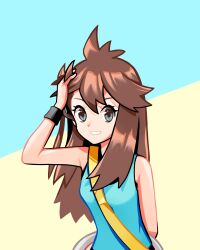 Rule 34 | 1girl, absurdres, arm up, black wristband, brown eyes, brown hair, commentary, creatures (company), english commentary, eyelashes, ffccll, game freak, green (pokemon), green shirt, grin, highres, long hair, looking at viewer, nintendo, pokemon, pokemon lgpe, shirt, sleeveless, sleeveless shirt, smile, solo, strap, teeth, two-tone background, upper body