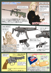 Rule 34 | assault rifle, bald, bald spot, beard, blonde hair, bullpup, die hard, english text, extended barrel, facial hair, food, gun, h&amp;k mp5, h&amp;k mp5a3, handgun, heckler &amp; koch, jacket, japanese text, karl vreski, m16, muscular, muscular male, mustache, muta koji, pistol, pocket pistol, revolver, rifle, s&amp;w model 15, smith &amp; wesson, steyr arms, steyr aug, story time, submachine gun, translation request, twinkies, uli (die hard), walther, walther ppk, weapon, weapon focus