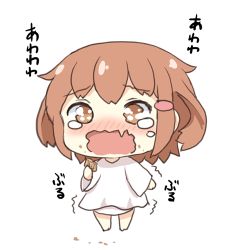 Rule 34 | 10s, 1girl, alternate costume, brown eyes, brown hair, commentary request, crying, crying with eyes open, gale kawaii, hair ornament, hairclip, ikazuchi (kancolle), kantai collection, long sleeves, lowres, open mouth, simple background, solo, tears, translation request, trembling, watery eyes, wavy mouth, white background, aged down