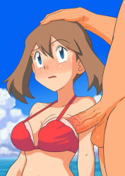Rule 34 | 1boy, 1girl, absurdres, bare arms, bikini, blue eyes, blush, breasts, brown hair, cleavage, clothed female nude male, cloud, collarbone, commentary request, creatures (company), day, eyelashes, game freak, hand on another&#039;s head, head out of frame, height difference, hetero, highres, looking up, may (pokemon), medium breasts, medium hair, miraa (chikurin), nintendo, nude, open mouth, outdoors, penis, penis to breast, penis under another&#039;s clothes, pokemon, pokemon (anime), pokemon rse (anime), red bikini, sky, sweatdrop, swimsuit, testicles, uncensored, veins, veiny penis, water