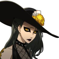Rule 34 | 10s, 1girl, black hair, black lips, collar, earrings, hat, jewelry, lipstick, makeup, niijima sae, official art, persona, persona 5, sad, shadow (persona), shadow sae, solo, spiked collar, spikes, yellow eyes