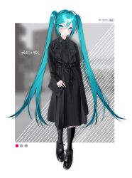 Rule 34 | 1055, 1girl, absurdres, ahoge, aqua eyes, aqua hair, aqua nails, arm at side, bag, battery indicator, belt, black bag, black belt, black coat, black footwear, black ribbon, black socks, blush, breast pocket, buttons, character name, closed mouth, coat, commentary request, grey background, hair between eyes, handbag, hatsune miku, highres, jewelry, long hair, long sleeves, looking at viewer, partial commentary, pocket, ribbon, ring, shoes, sidelocks, sleeves past wrists, socks, solo, standing, tsurime, twintails, two-tone background, very long hair, vocaloid, white background, wifi symbol, wing collar