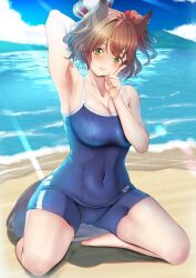 Rule 34 | 1girl, animal ears, arm behind head, arm up, armpits, aston machan (umamusume), bare shoulders, barefoot, beach, blue one-piece swimsuit, blush, breasts, cleavage, closed mouth, commentary request, competition school swimsuit, covered navel, crown, ear ornament, green eyes, highres, horse ears, horse girl, horse tail, kneeling, large breasts, medium hair, ocean, on ground, one-piece swimsuit, outdoors, red scrunchie, sand, school swimsuit, scrunchie, side ponytail, smile, solo, sweat, swimsuit, tail, tracen swimsuit, tsukareme, umamusume, water