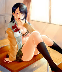 Rule 34 | 1girl, arm support, artist request, black hair, black socks, blush, bow, bra, breasts, cardigan, classroom, cleavage, desk, dress shirt, drooling, earrings, finger in own mouth, frilled bra, frills, highres, indoors, jewelry, kneehighs, lace, lace-trimmed bra, lace trim, legs up, looking at viewer, medium breasts, miniskirt, nail polish, off shoulder, on desk, open cardigan, open clothes, open mouth, open shirt, original, panties, pink bra, pink nails, pink panties, pleated skirt, purple eyes, saliva, school, school desk, school uniform, shirt, sitting, on desk, skirt, socks, solo, sweat, swept bangs, underwear, white shirt, window