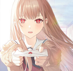 Rule 34 | 1girl, black neckerchief, bloom, blurry, blush, brown cardigan, brown hair, cardigan, depth of field, furen e lustario, furen e lustario (school uniform), holding, holding letter, incoming letter, letter, long hair, looking at viewer, love letter, neckerchief, nijisanji, official alternate costume, official alternate hairstyle, parted lips, red eyes, red shirt, sailor collar, school uniform, shirt, sleeves past wrists, solo, virtual youtuber, white sailor collar, zmzm hiji