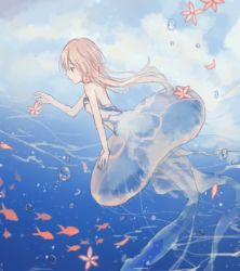 Rule 34 | 1girl, baijiu (white), bare shoulders, blue sky, breasts, day, dress, flower, jellyfish, light brown hair, original, outdoors, personification, petals, profile, school of fish, sky, small breasts, water
