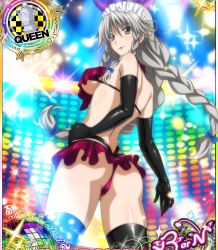 Rule 34 | 10s, 1girl, ass, bow, braid, breasts, card (medium), elbow gloves, covered erect nipples, female focus, gloves, grayfia lucifuge, grey eyes, grey hair, high school dxd, highres, large breasts, lipstick, long hair, maid headdress, makeup, matching hair/eyes, mature female, red lips, smile, solo, standing, thighhighs, twin braids, underboob