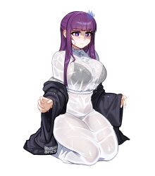 Rule 34 | 1girl, black coat, blunt bangs, blush, blushyspicy, breasts, coat, commentary, dress, english commentary, fern (sousou no frieren), large breasts, long hair, long sleeves, outline, purple eyes, purple hair, see-through, sousou no frieren, thighs, underwear, wavy mouth, wet, wet clothes, white dress, white outline