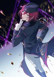 Rule 34 | 1boy, blue eyes, blurry, blurry background, confetti, ensemble stars!, glasses, gloves, hair between eyes, hand on own hip, hat, long sleeves, looking at viewer, male focus, open mouth, pants, purple hair, rrr (reason), saegusa ibara, short hair, solo, white gloves, white pants