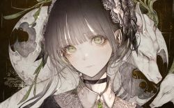 Rule 34 | 1girl, absurdres, black choker, choker, collared shirt, commentary, english commentary, expressionless, green eyes, grey hair, hairband, highres, hito komoru, lace-trimmed hairband, lace trim, light blush, looking at viewer, original, parted lips, portrait, shirt, solo