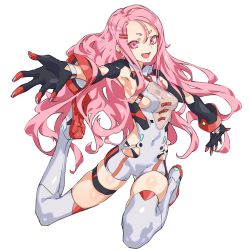 Rule 34 | 1girl, armpits, bad id, bad pixiv id, black gloves, cancell, covered navel, earrings, fang, gloves, hair between eyes, hair ornament, hairclip, highres, jewelry, long hair, open mouth, original, pink eyes, pink hair, pink lips, pink theme, see-through, short eyebrows, simple background, single earring, smile, solo, thigh strap, thighhighs, tongue, white background, white footwear, white thighhighs