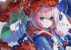 Rule 34 | 1girl, blue eyes, blue flower, blue jacket, commentary, creature, drawstring, fish, floating hair, flower, from side, hair over shoulder, hand on own chest, hands up, highres, hood, hood down, hooded jacket, index finger raised, jacket, kaf (kamitsubaki studio), kamitsubaki studio, laplace (kamitsubaki studio), light particles, long sleeves, looking at viewer, looking to the side, low twintails, medium hair, multicolored clothes, multicolored eyes, multicolored jacket, murumuru (pixiv51689952), parted lips, pink hair, red eyes, red flower, red hood, shade, shirt, solo, turtleneck, twintails, upper body, virtual youtuber, white shirt, yellow pupils