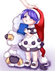 Rule 34 | 1girl, :3, animal, antinomy of common flowers, black dress, blue eyes, blue hair, book, capelet, doremy sweet, dress, full body, hat, head pat, highres, holding, holding book, looking up, nightcap, headpat, pom pom (clothes), satomachi, sheep, simple background, slippers, smile, solo focus, standing, tail, tapir tail, touhou, white background, aged down