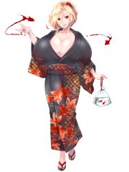 Rule 34 | 1girl, black kimono, blonde hair, braid, breasts, cleavage, collarbone, dairoku ryouhei, fish, flower, french braid, full body, gigantic breasts, goldfish, hair flower, hair ornament, head tilt, huge breasts, japanese clothes, kimono, lipstick, looking at viewer, makeup, nail polish, official art, red eyes, sandals, shiny skin, simple background, smile, solo, standing, summer festival, tomoming, transparent background, usalia sin, wide sleeves, yukata