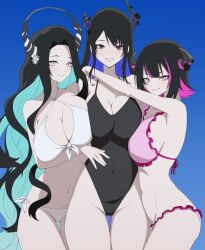 Rule 34 | 3girls, absurdres, aradia ravencroft, asymmetrical docking, asymmetrical horns, black hair, blue hair, blush, breast press, breasts, colored inner hair, daydarion, demon horns, green hair, height difference, highres, hololive, hololive english, horns, large breasts, long hair, looking at viewer, malpha ravencroft, mole, mole under eye, multicolored hair, multiple girls, nerissa ravencroft, pale skin, pink eyes, red eyes, short hair, siblings, simple background, sisters, smile, swimsuit, two-tone hair, uneven horns, virtual youtuber