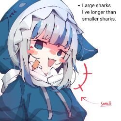 Rule 34 | +++, 1girl, :3, ahoge, animal costume, animal hood, arrow (symbol), blue eyes, blue hair, blue hoodie, blunt bangs, blush stickers, commentary, english commentary, english text, gawr gura, gawr gura (1st costume), grey hair, hair ornament, hand fan, highres, hololive, hololive english, hood, hood up, hoodie, koyoinacho, long sleeves, looking at viewer, medium hair, multicolored hair, open mouth, ringed eyes, shaded face, shark costume, shark girl, shark hood, sidelocks, simple background, smile, solo, streaked hair, upper body, virtual youtuber, white background