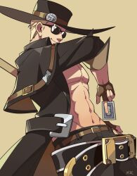 Rule 34 | 1boy, abs, black gloves, blonde hair, cowboy hat, fingerless gloves, gloves, guilty gear, guilty gear strive, hat, highres, johnny (guilty gear), large belt, long sleeves, looking at viewer, male focus, mie onion, sunglasses