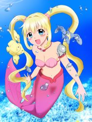 Rule 34 | 1girl, absurdres, blonde hair, blue eyes, commentary request, fish, highres, kurahi, long hair, looking at viewer, mermaid, mermaid melody pichi pichi pitch, monster girl, nanami lucia, pink tail, shell, shell bikini, smile, solo, twintails, underwater