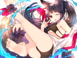 Rule 34 | 1girl, animal ears, asada sadao, ass, bad id, bad tumblr id, bare shoulders, barefoot, bikini, black bikini, black hair, blush, breasts, cleavage, cuffs, erune, fox ears, fox tail, full body, granblue fantasy, long hair, looking at viewer, one eye closed, ponytail, red eyes, red rope, rope, see-through, smile, solo, swimsuit, tail, thighs, tongue, tongue out, very long hair, yuel (granblue fantasy)