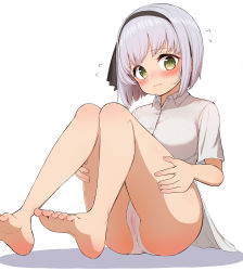 Rule 34 | 1girl, absurdres, barefoot, black hairband, blush, bob cut, breasts, buttons, closed mouth, collarbone, collared shirt, commentary request, eyelashes, feet, fingernails, flying sweatdrops, green eyes, hairband, hands on thighs, highres, konpaku youmu, light smile, lips, looking at viewer, medium breasts, moyashi baasuto, no pants, panties, pussy, shirt, short hair, short sleeves, silver hair, sitting, soles, solo, sweatdrop, thighs, toenails, toes, touhou, underwear, unworn vest, white panties, white shirt, wing collar